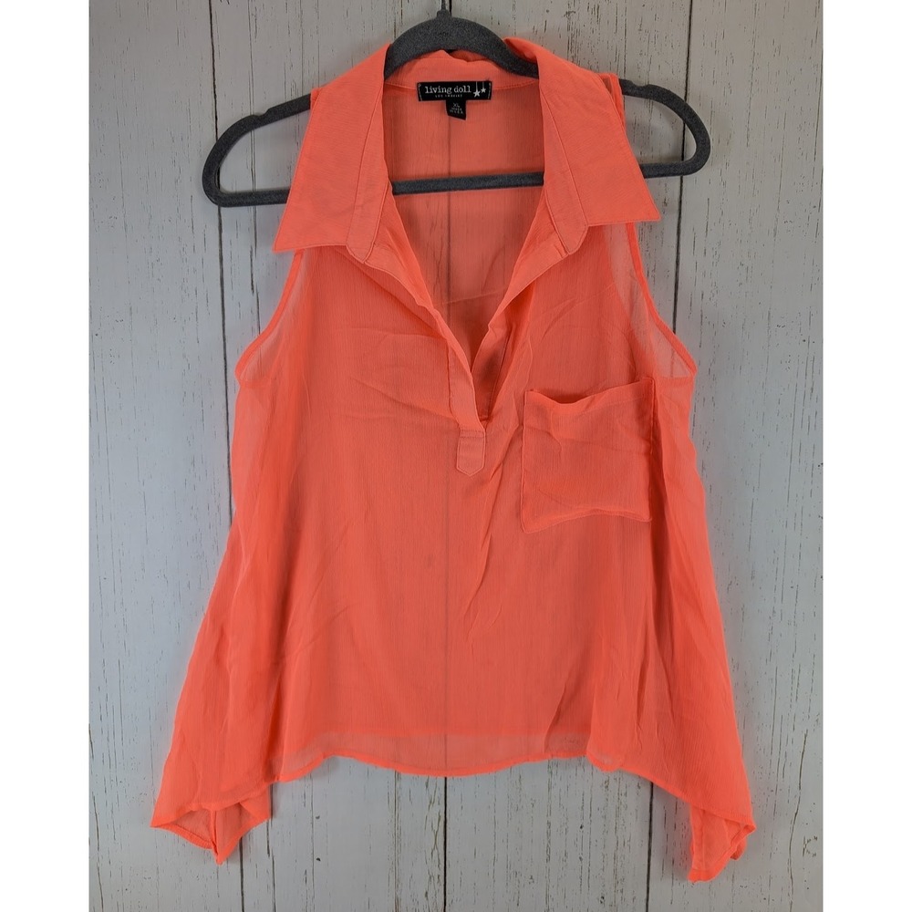 Living Doll Size XL Womens‎ Orange Sheer Sleeveless Collared Top